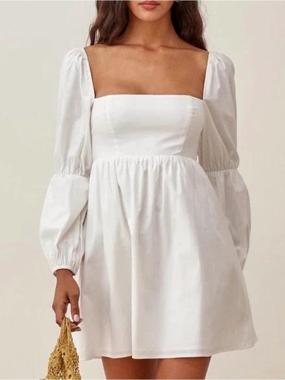 Reformation White Square-Neck Mini Dress with Puff Sleeves